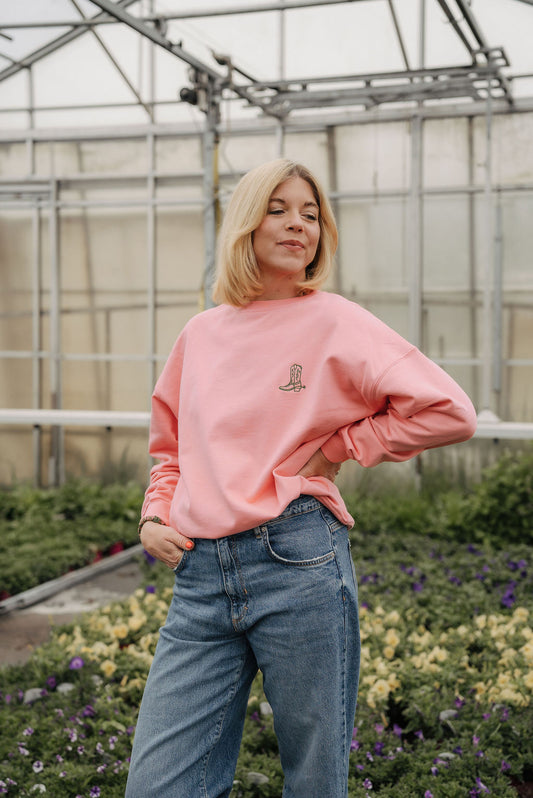 Emma sweater in pink with cowboy boot embroidery