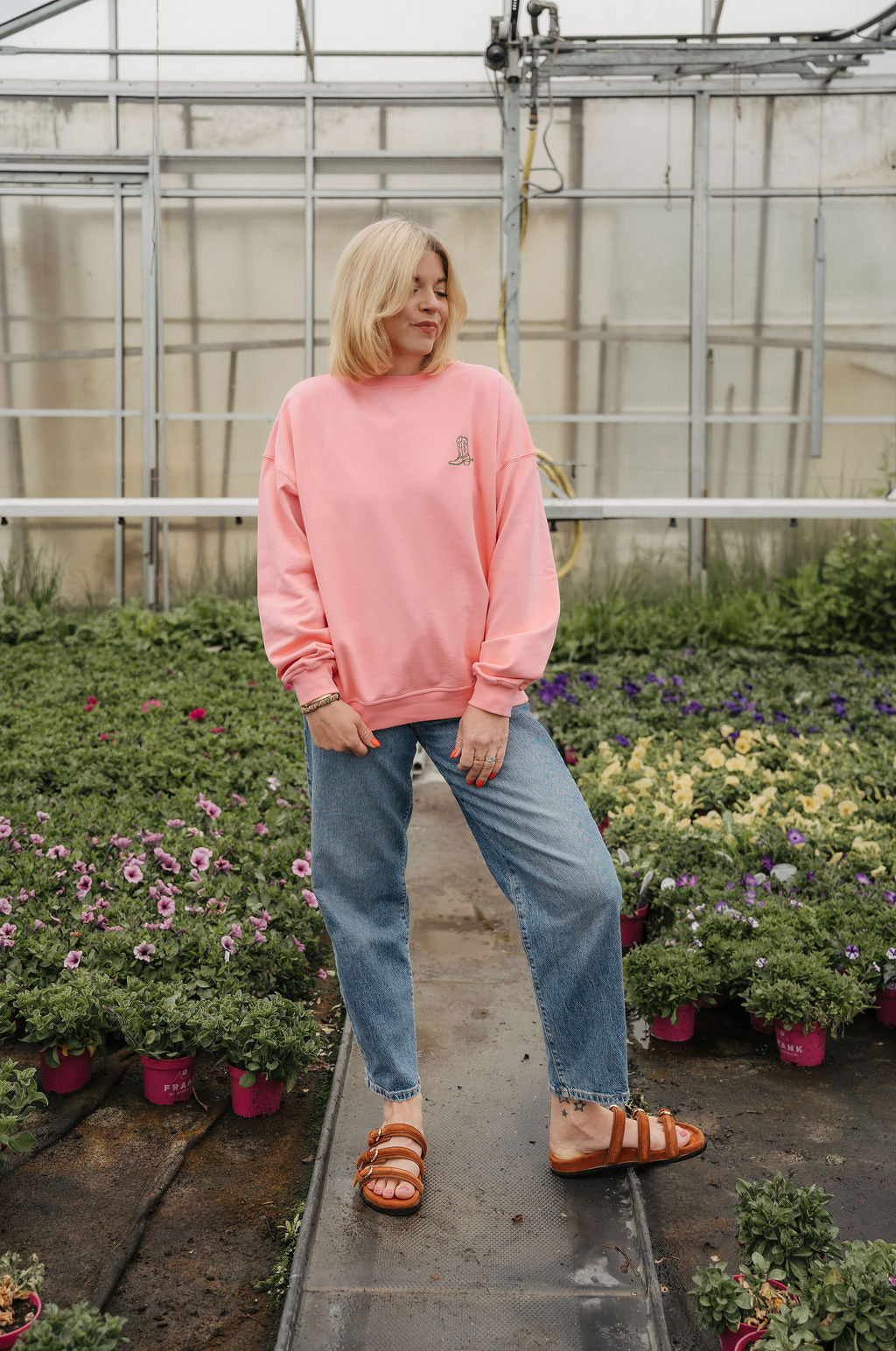 Emma sweater in pink with cowboy boot embroidery