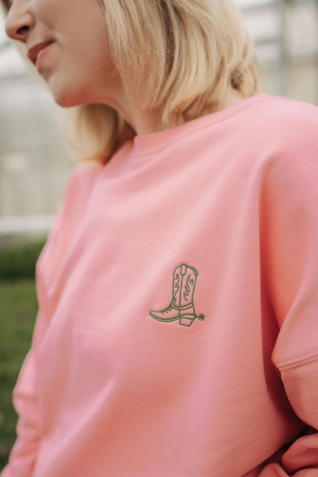 Emma sweater in pink with cowboy boot embroidery